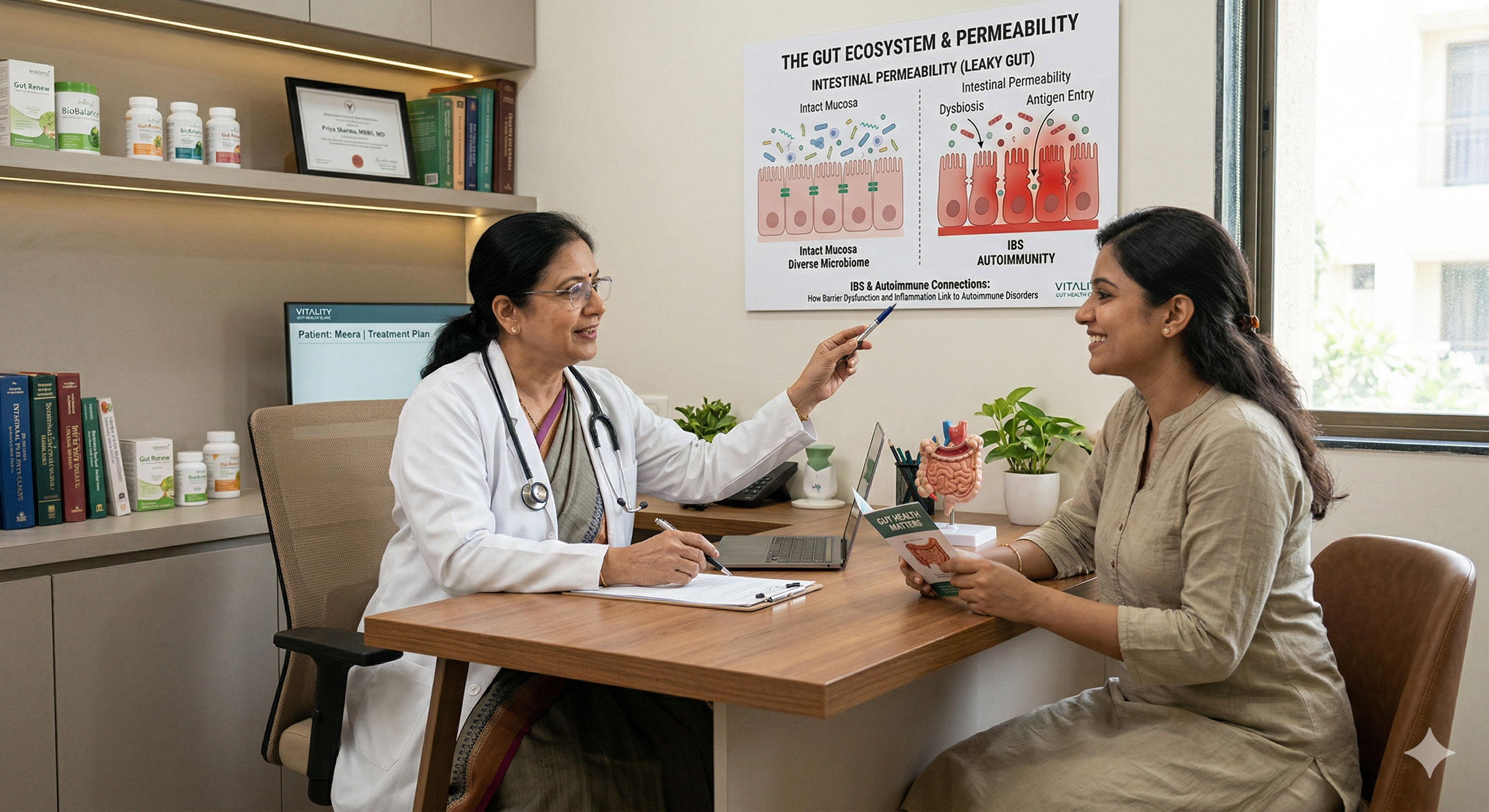 Doctor discussing IBS and autoimmune connections with a patient in a healthcare setting.
