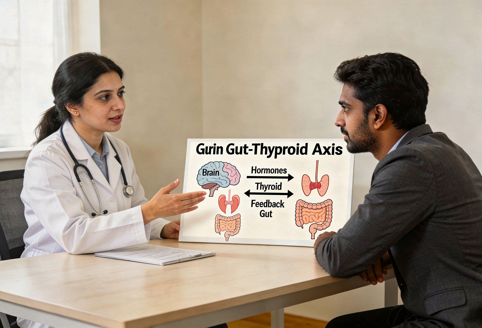 Doctor discussing the connection between gut health and thyroid function with a patient at ARKA Anugraha Hospital..jpeg