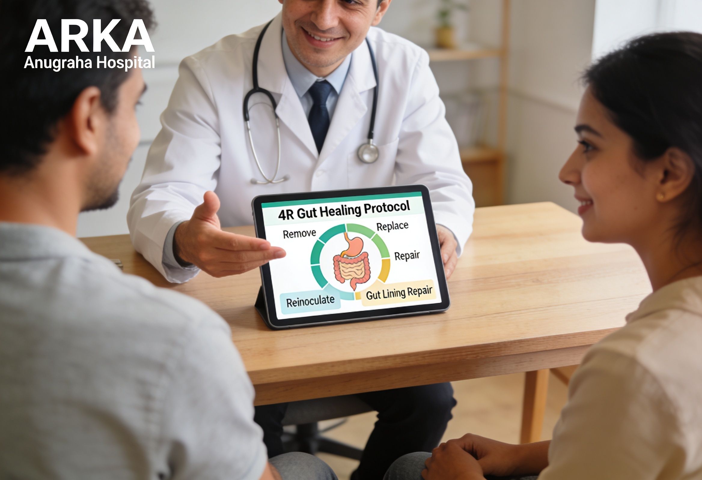 Doctor explaining the 4R gut healing protocol and gut lining repair to a patient at ARKA Anugraha Hospital.jpeg