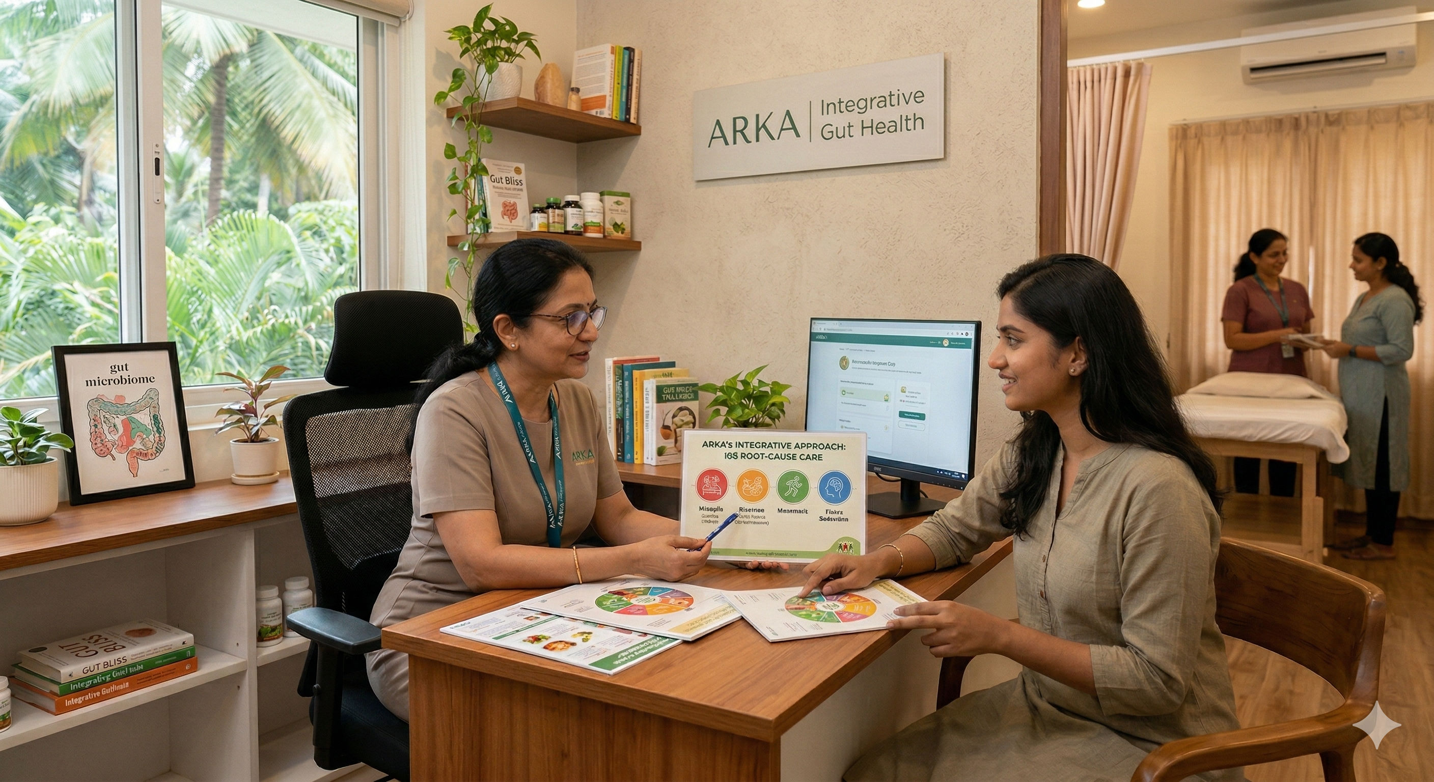 Doctor guiding a patient through an integrative care approach for IBS treatment at ARKA Anugraha Hospital.
