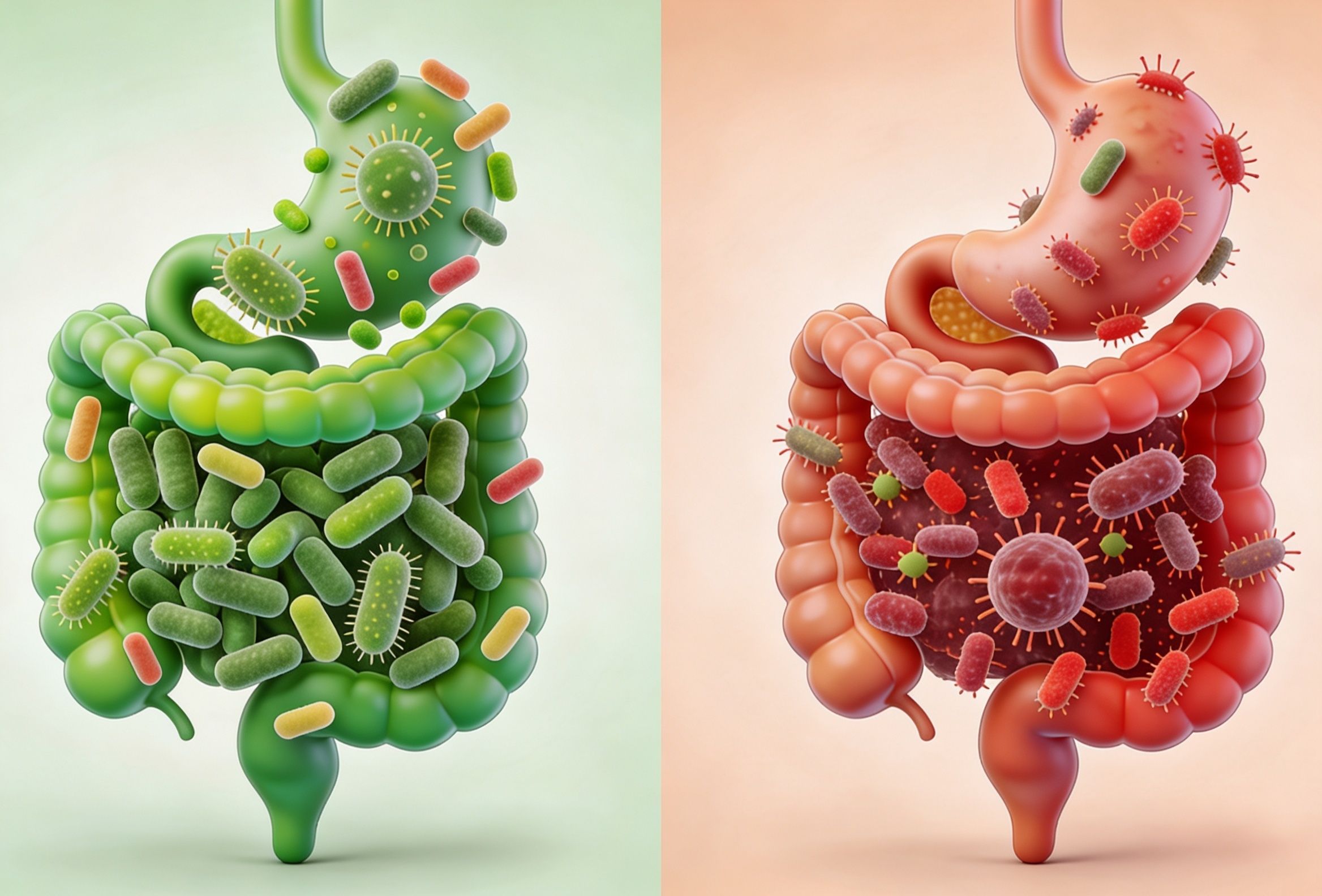 Gut microbiome diagram showing healthy vs. disrupted microbiome balance in the human gut with labels for microbiome testing.