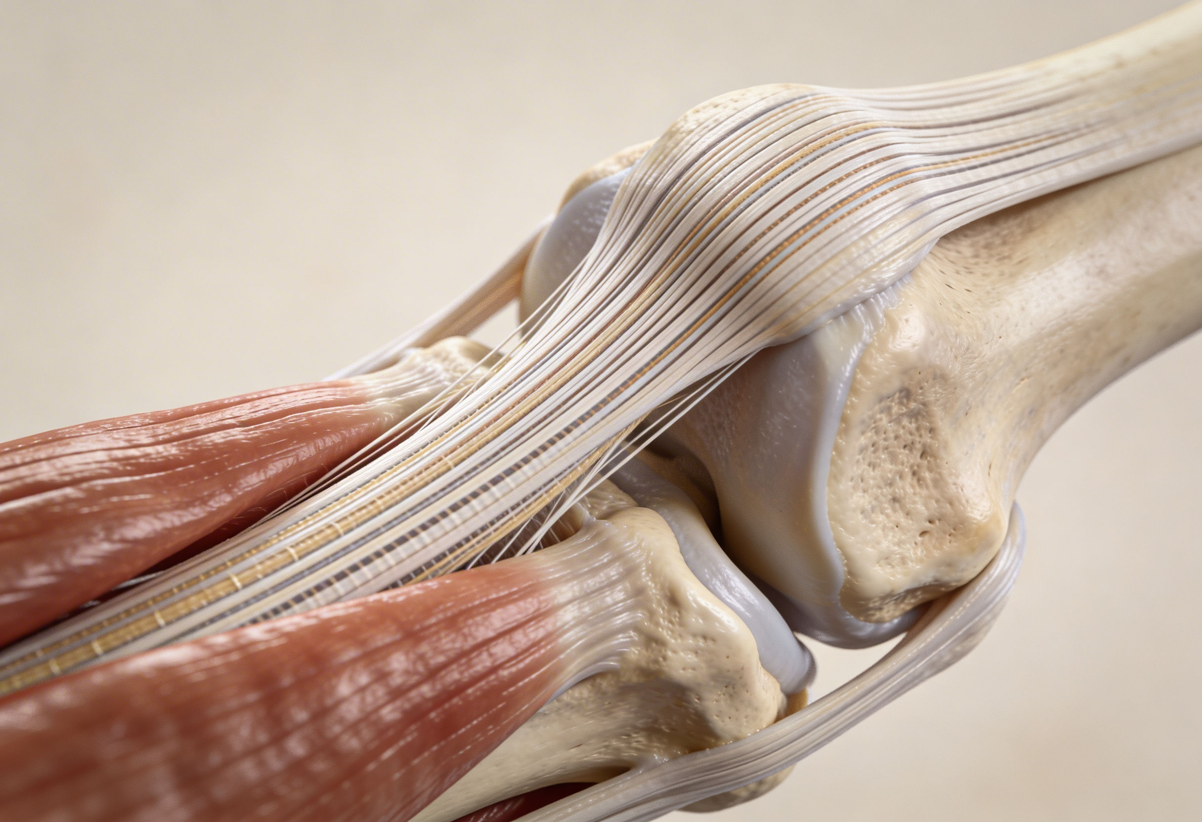 Healthy tendon structure with organized collagen fibers connecting muscle to bone