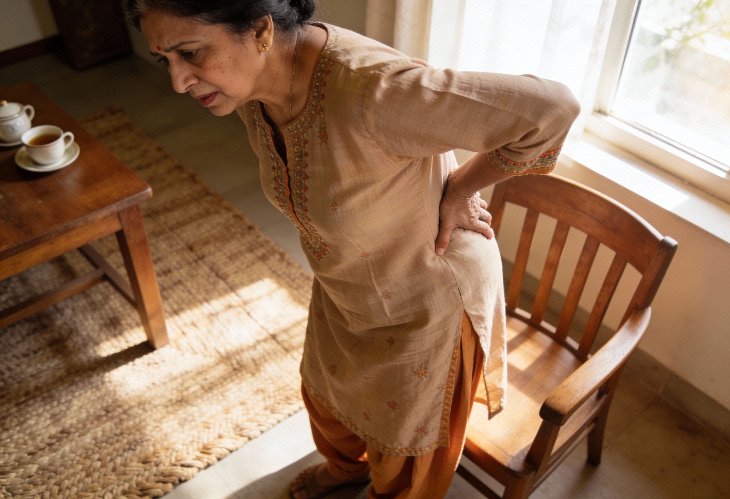 Hip joint instability causing pain and difficulty standing due to weakened ligaments