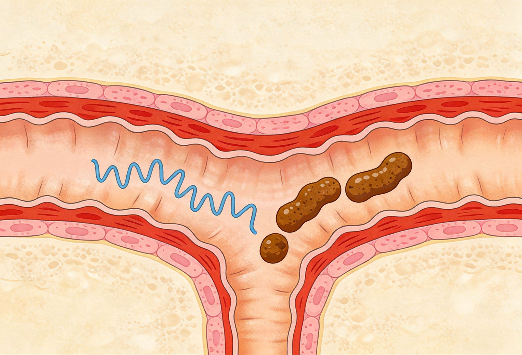 Illustration of colon motility and stool transit during healthy digestion.