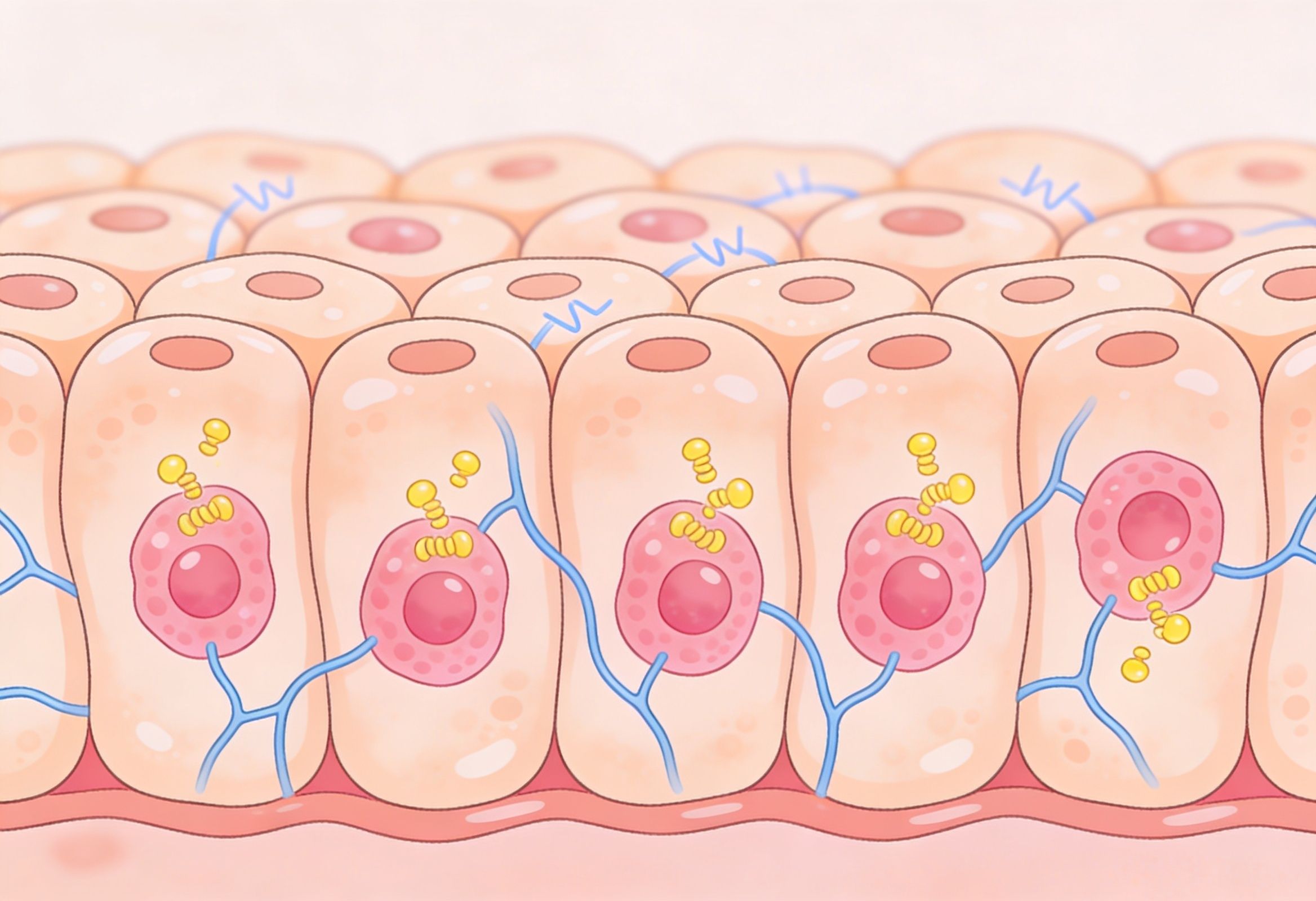 Illustration of enterochromaffin cells in the gut lining producing serotonin for digestion and gut-brain communication.