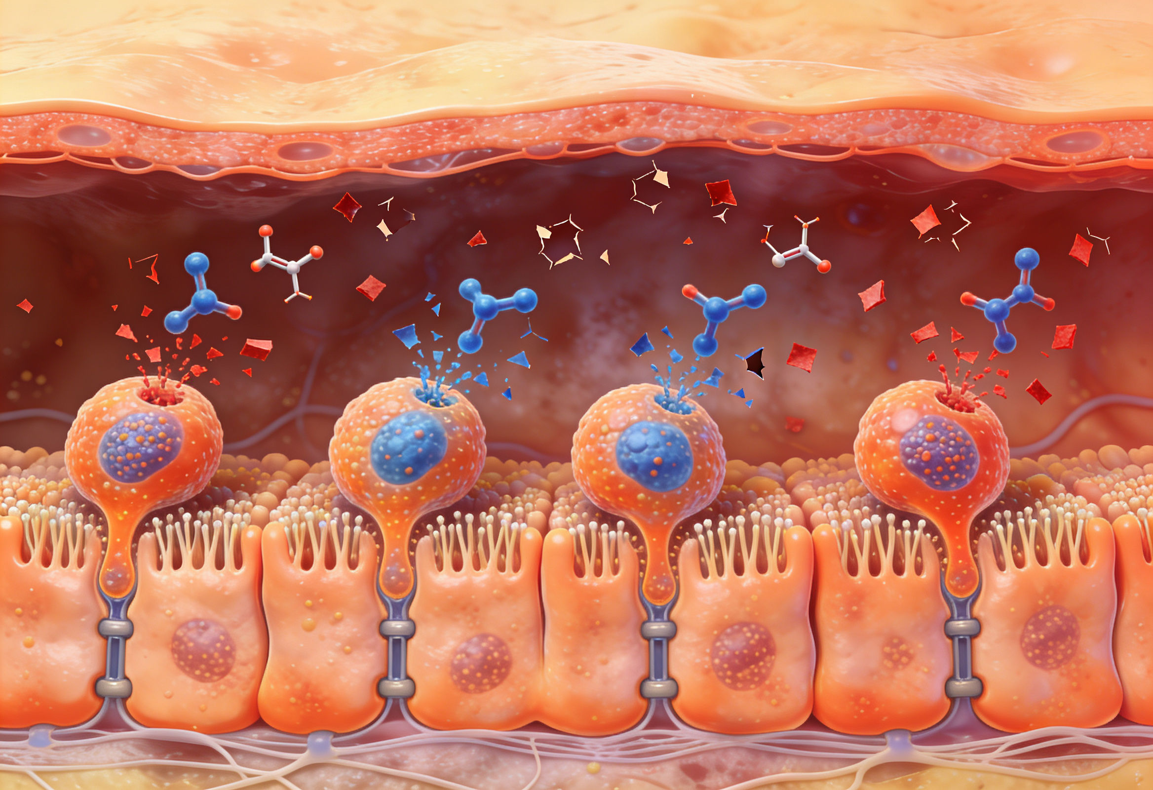Illustration of intestinal lining showing DAO enzyme breaking down histamine in the gut.