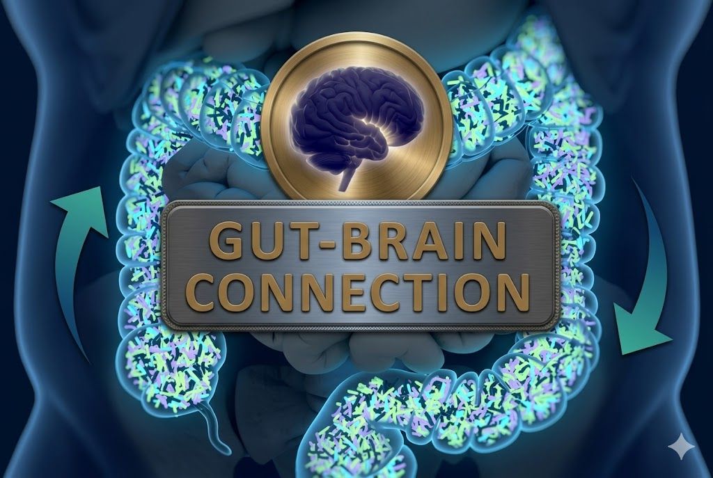 Illustration of the gut-brain axis and how stress impacts gut permeability and inflammation in IBS.