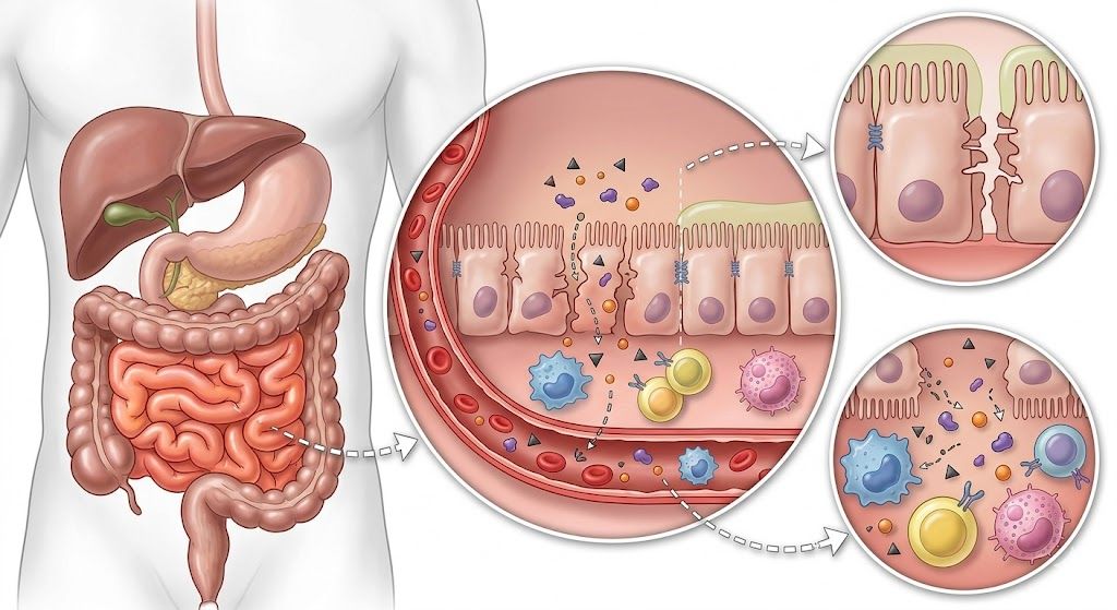 Illustration showing gut permeability in IBS and immune response activation.