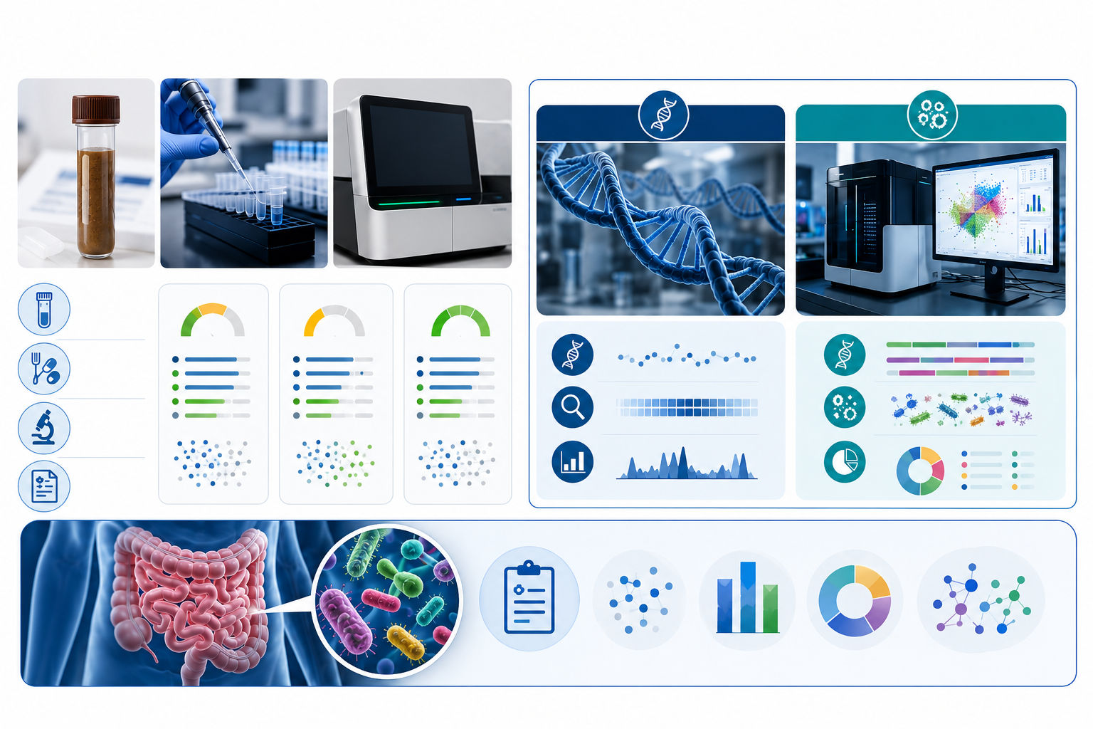 Illustration showing microbiome test result variability and testing methods, including 16S rRNA and Shotgun Metagenomics.