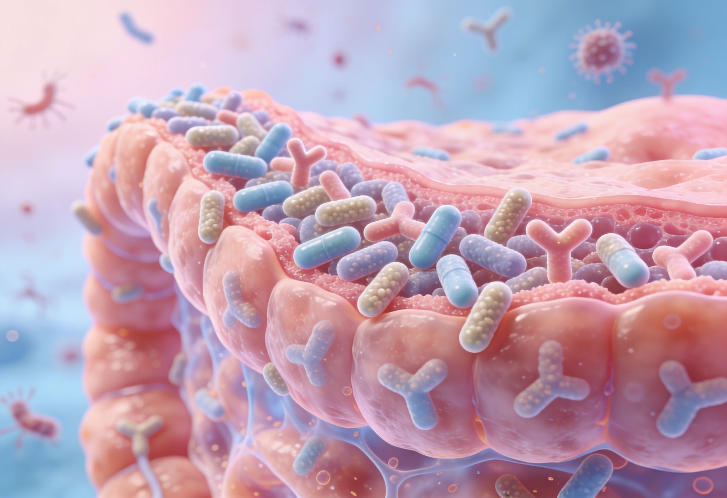 Illustration of gut dysbiosis caused by antibiotic overuse, showing reduced beneficial bacteria and the growth of harmful organisms.