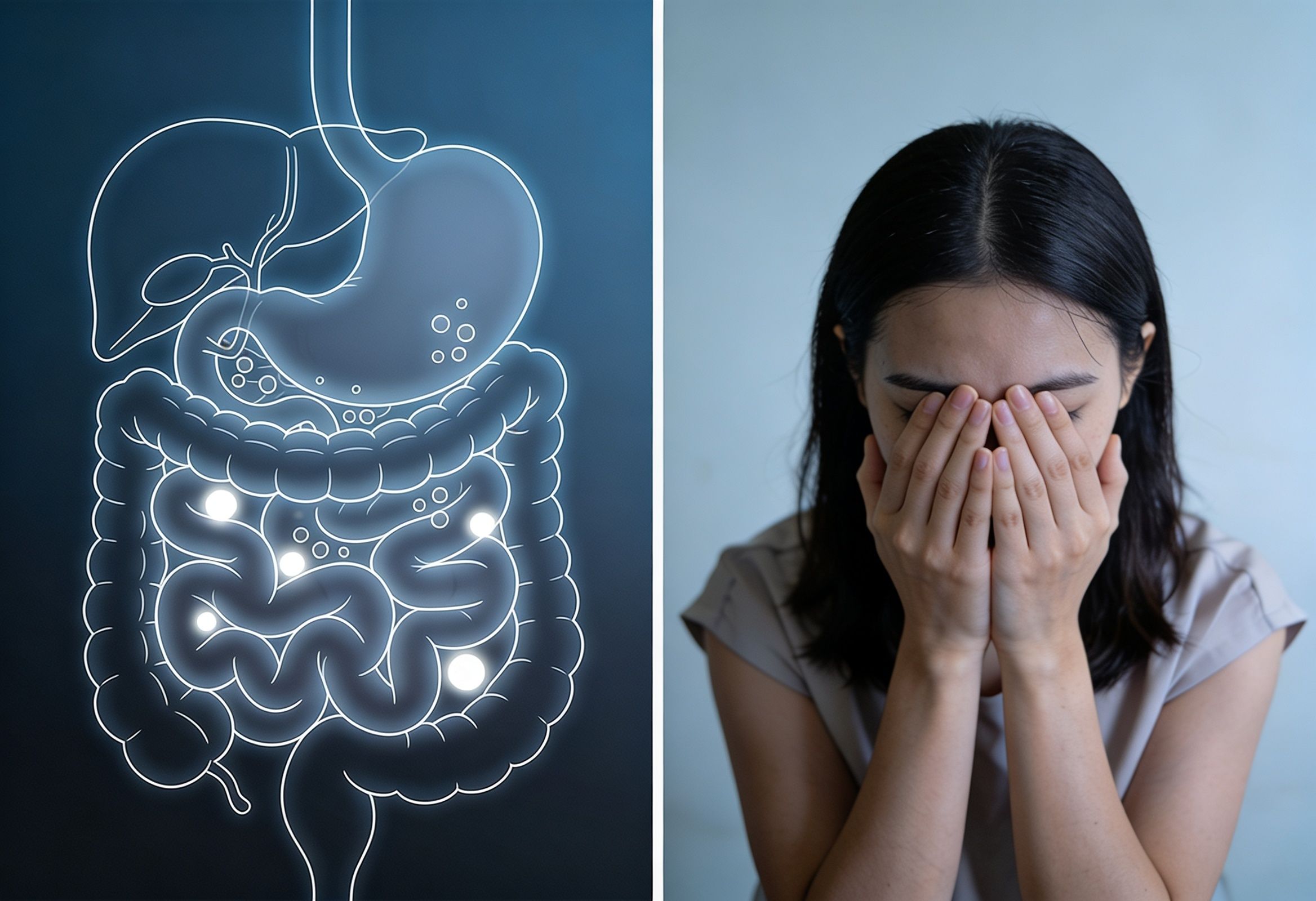 Image showing a person experiencing both gastrointestinal symptoms and cognitive issues like brain fog and anxiety..jpeg