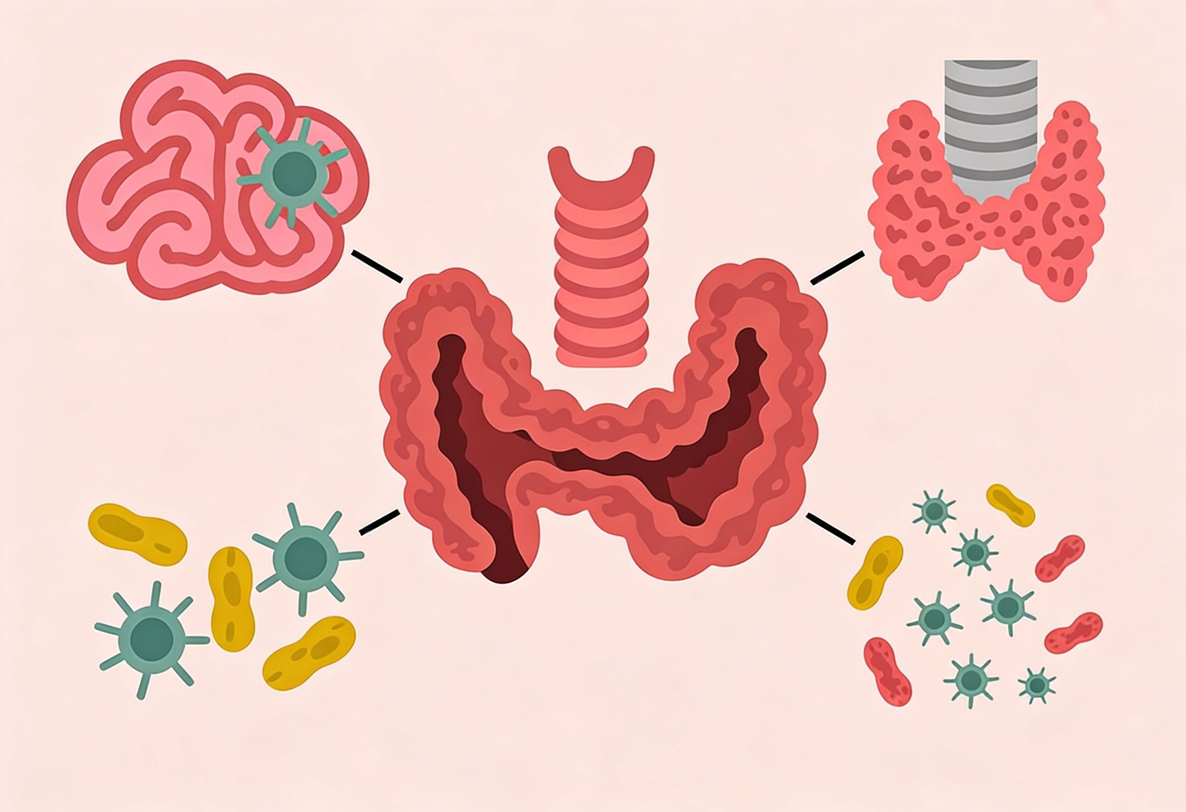 Infographic explaining how SIBO impacts gut health and contributes to thyroid dysfunction, including autoimmunity.