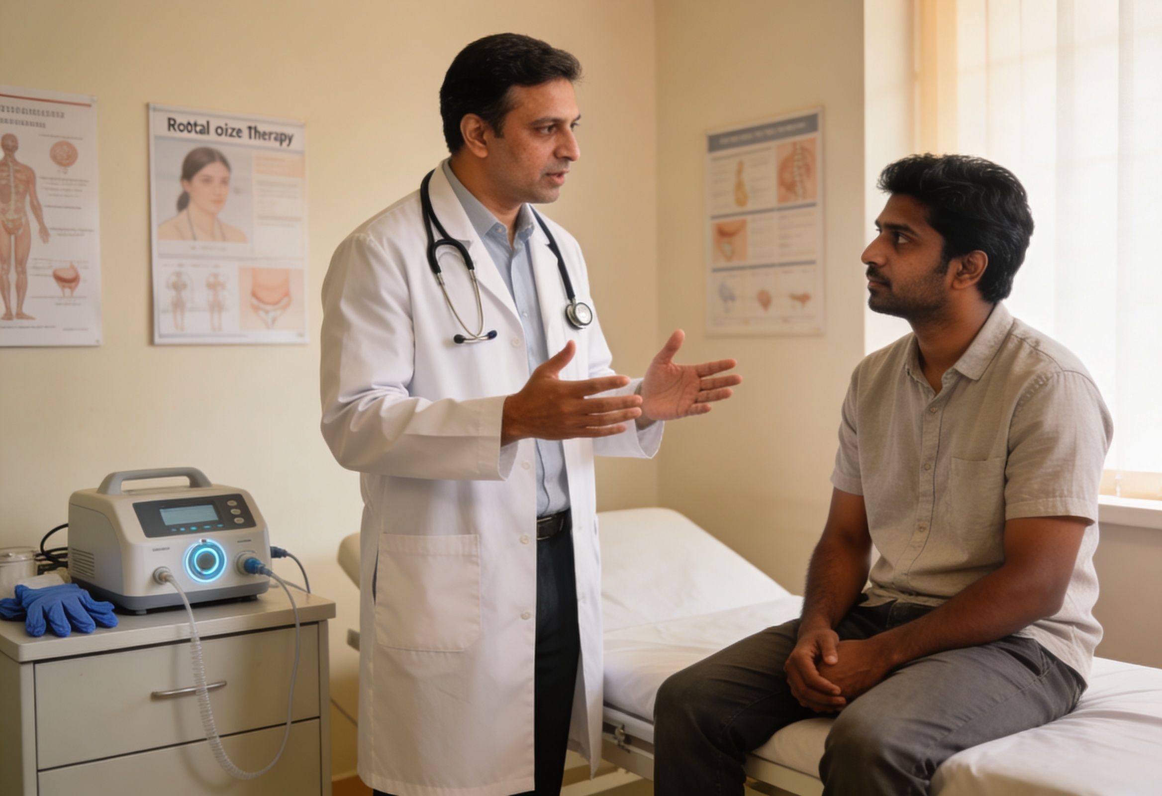 Medical professional explaining the rectal ozone therapy procedure in a clinical setting