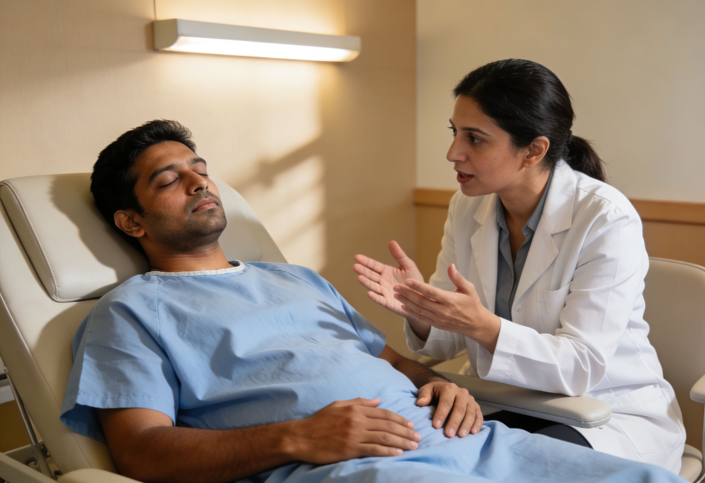 Patient receiving gut-directed hypnotherapy for IBS under professional supervision.