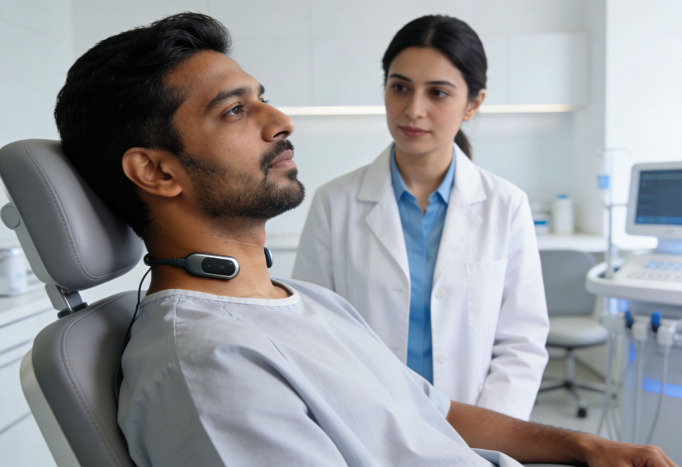 Patient receiving non-invasive vagus nerve stimulation therapy for gut-brain axis support.