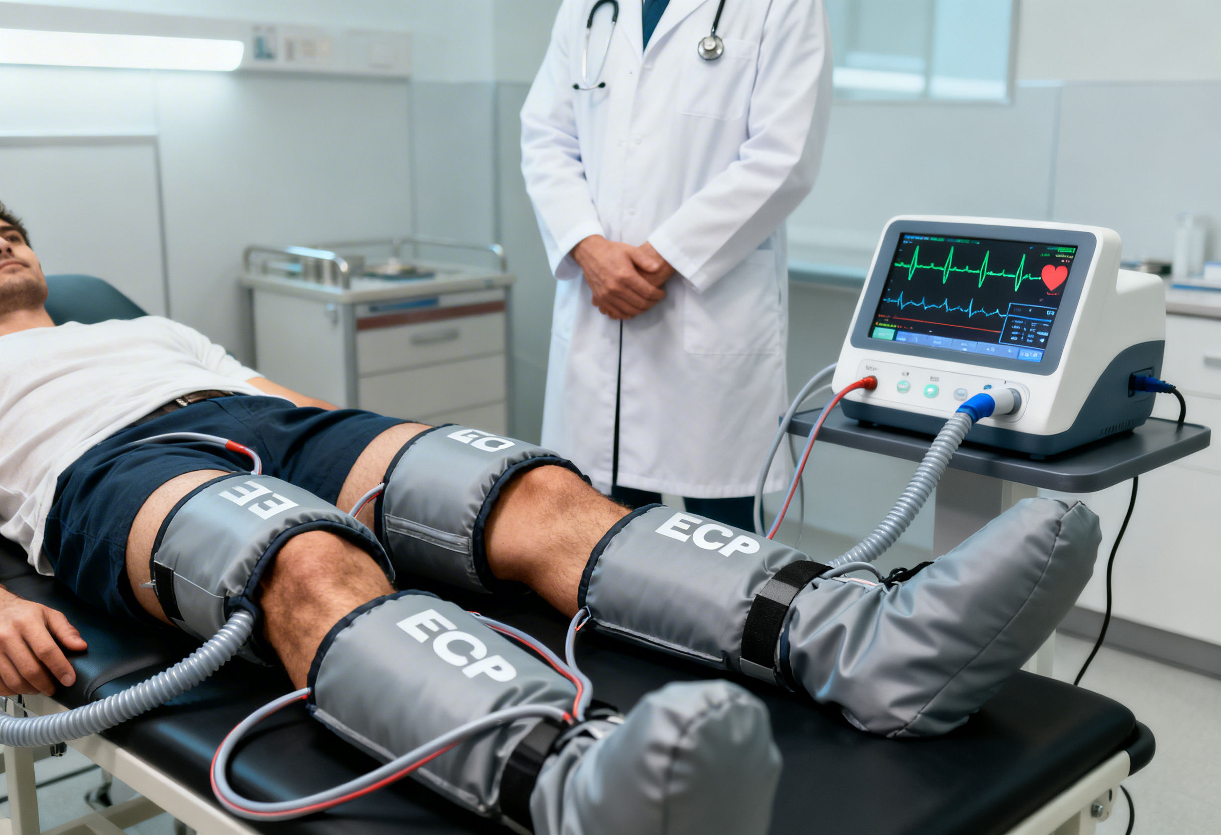Patient undergoing Enhanced External Counterpulsation therapy to improve heart circulation
