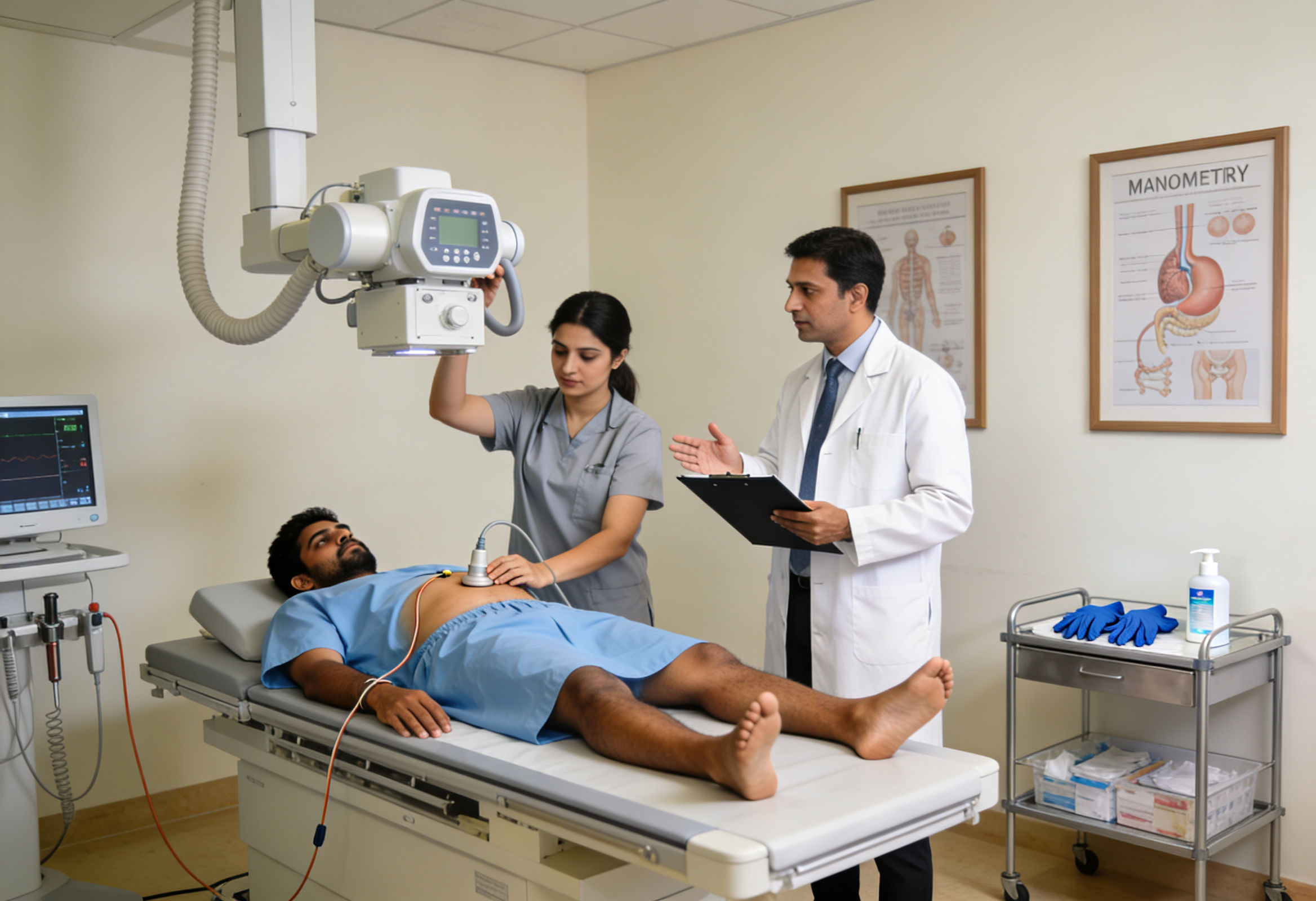 Patient undergoing advanced diagnostics for GERD, functional dyspepsia, or gastroparesis in a medical clinic.