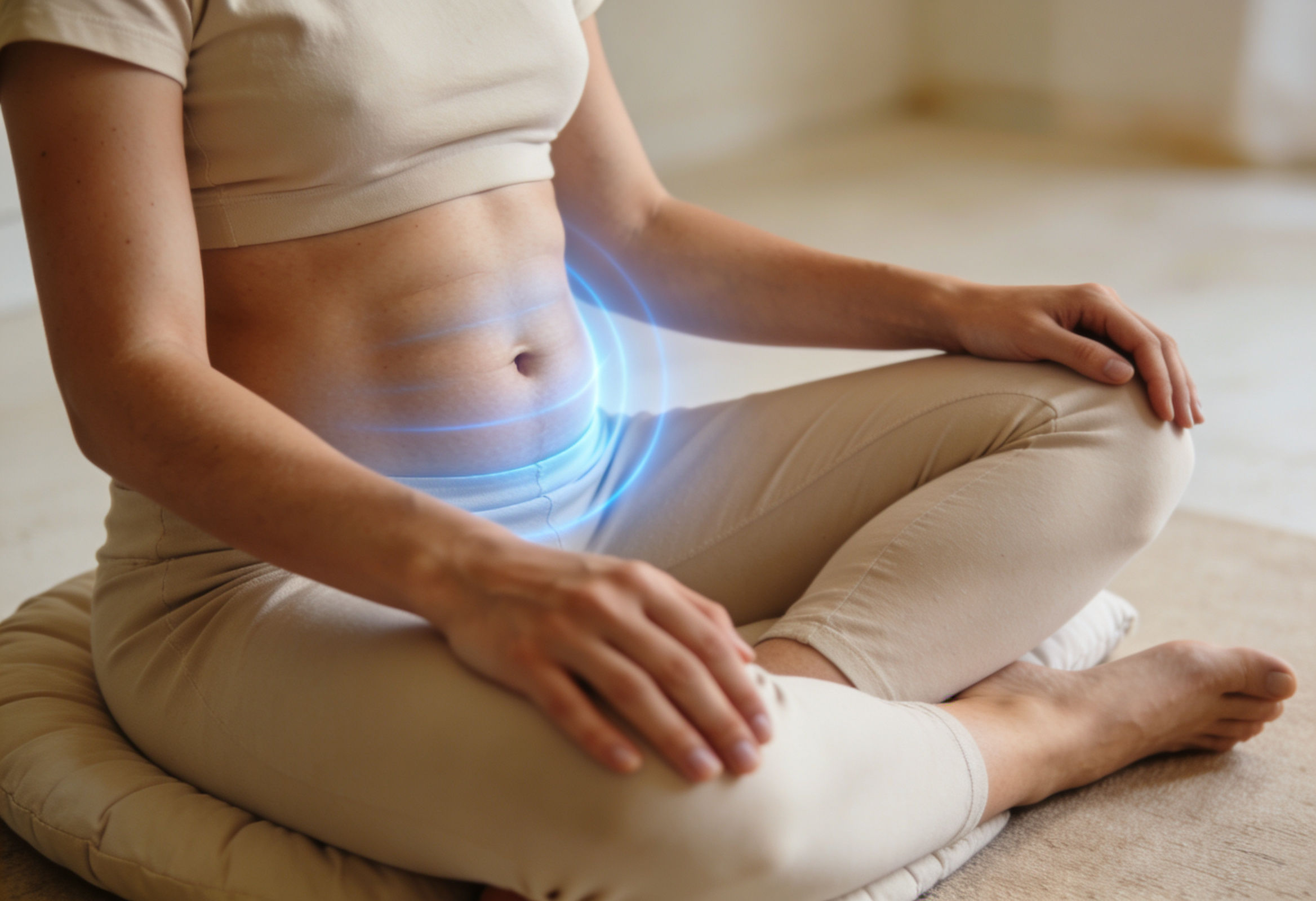 Person practicing diaphragmatic breathwork to stimulate the vagus nerve and support IBS management.