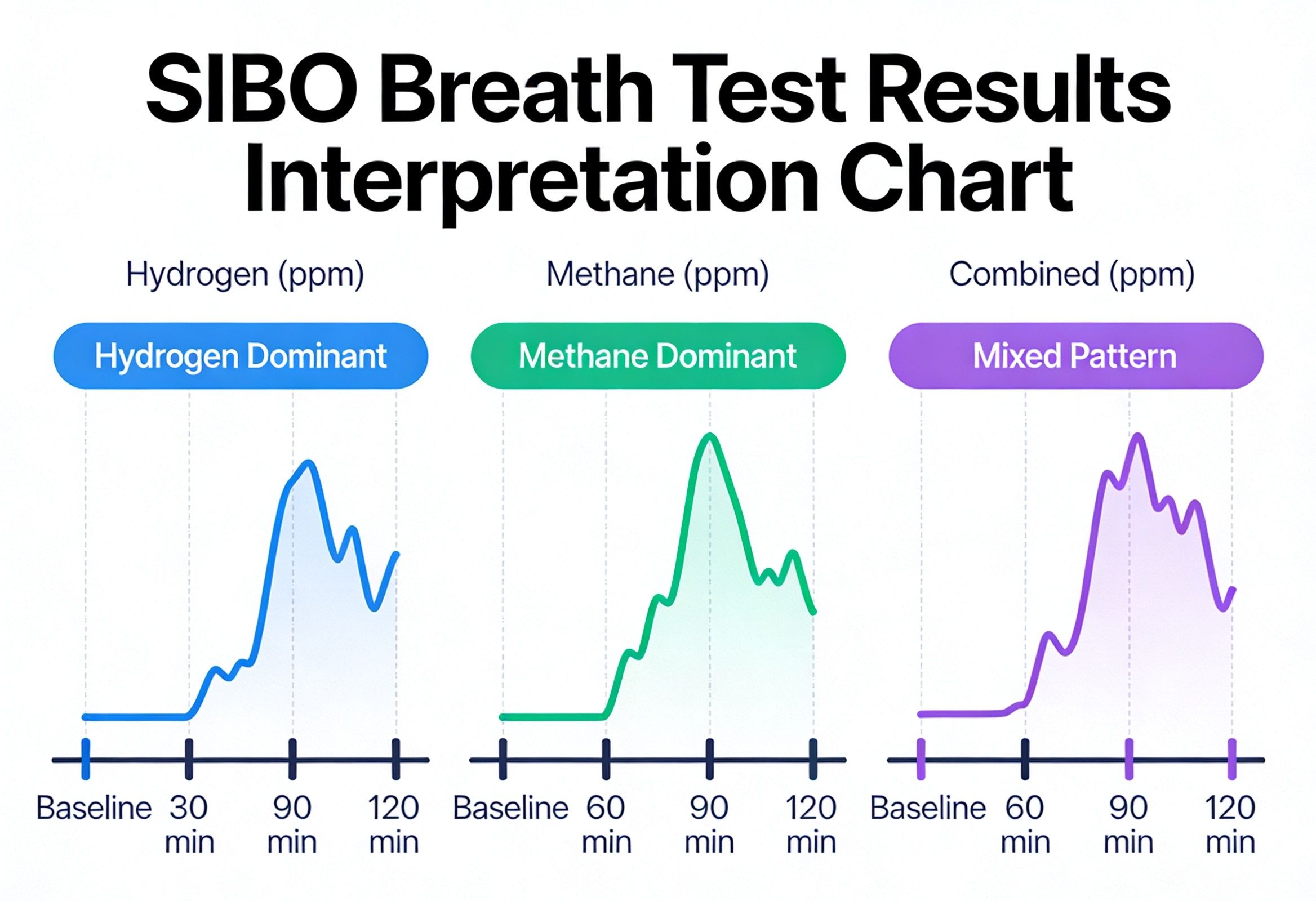 SIBO breath test results interpretation showing hydrogen, methane, and mixed patterns in test results.