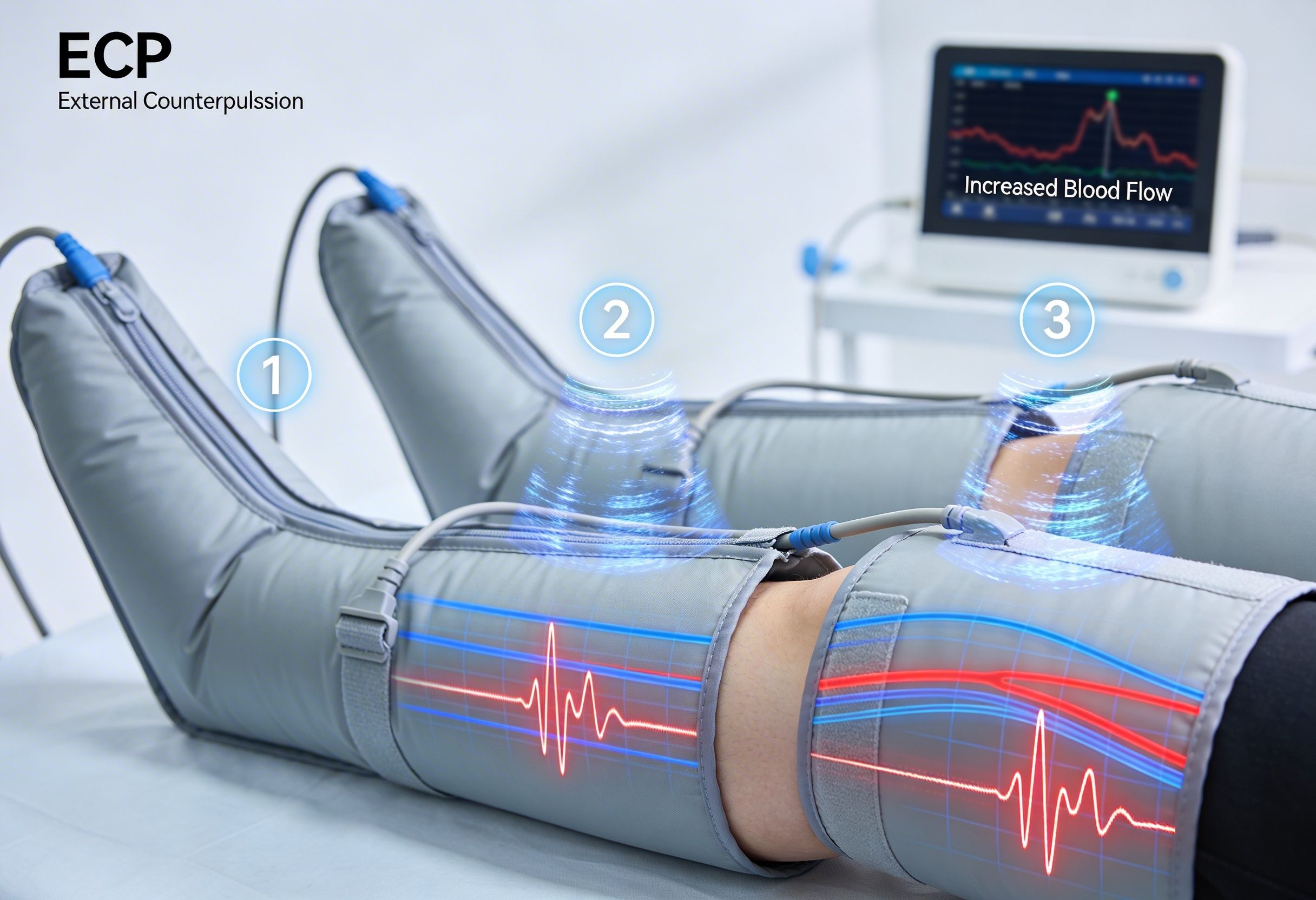 Sequential inflation of ECP cuffs improving blood circulation in the legs