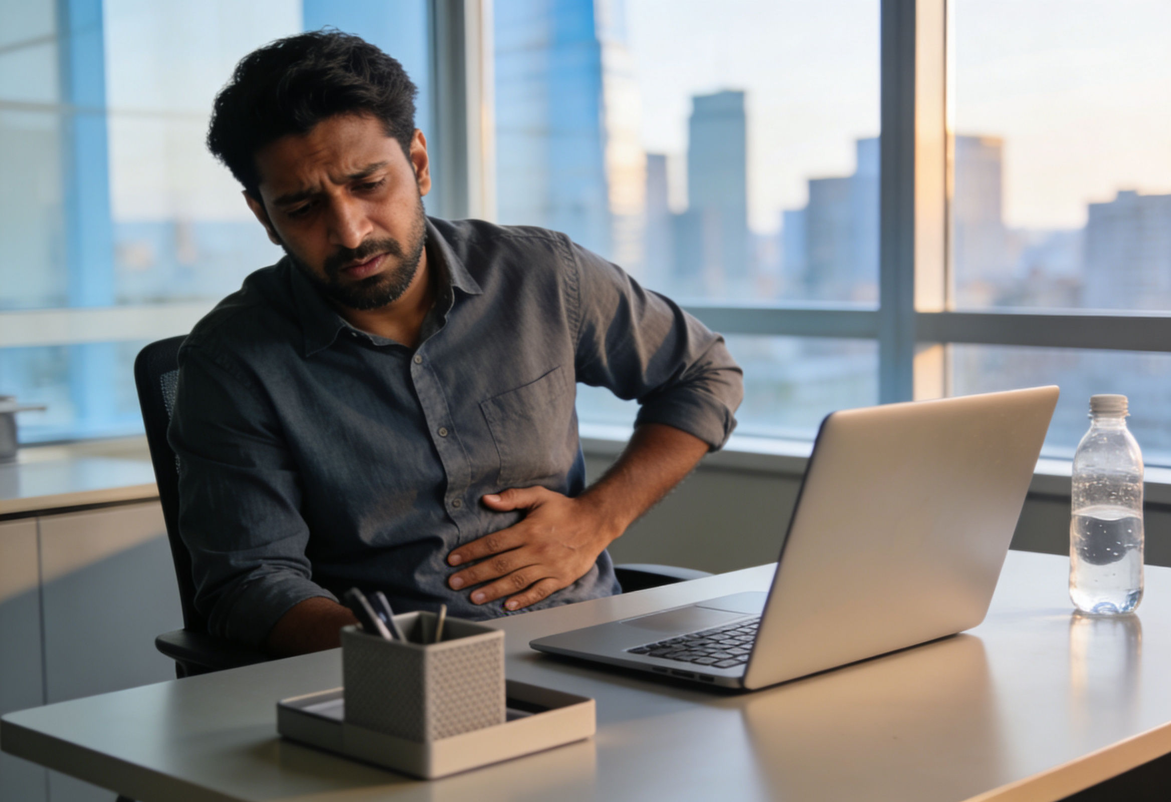 Stressed Indian professional experiencing gut discomfort and anxiety linked to vagus nerve dysfunction.