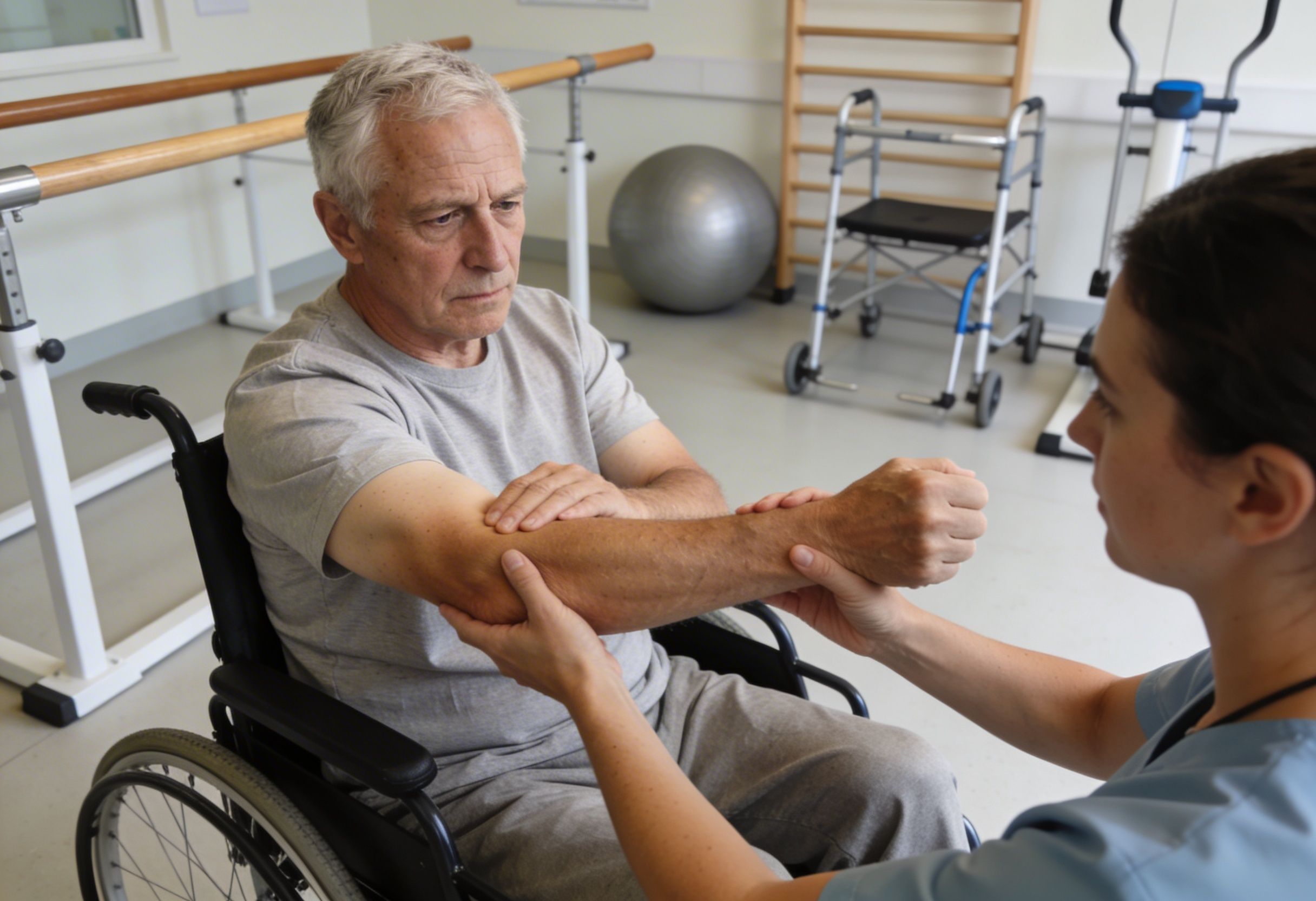 Stroke patient performing physiotherapy exercises during rehabilitation