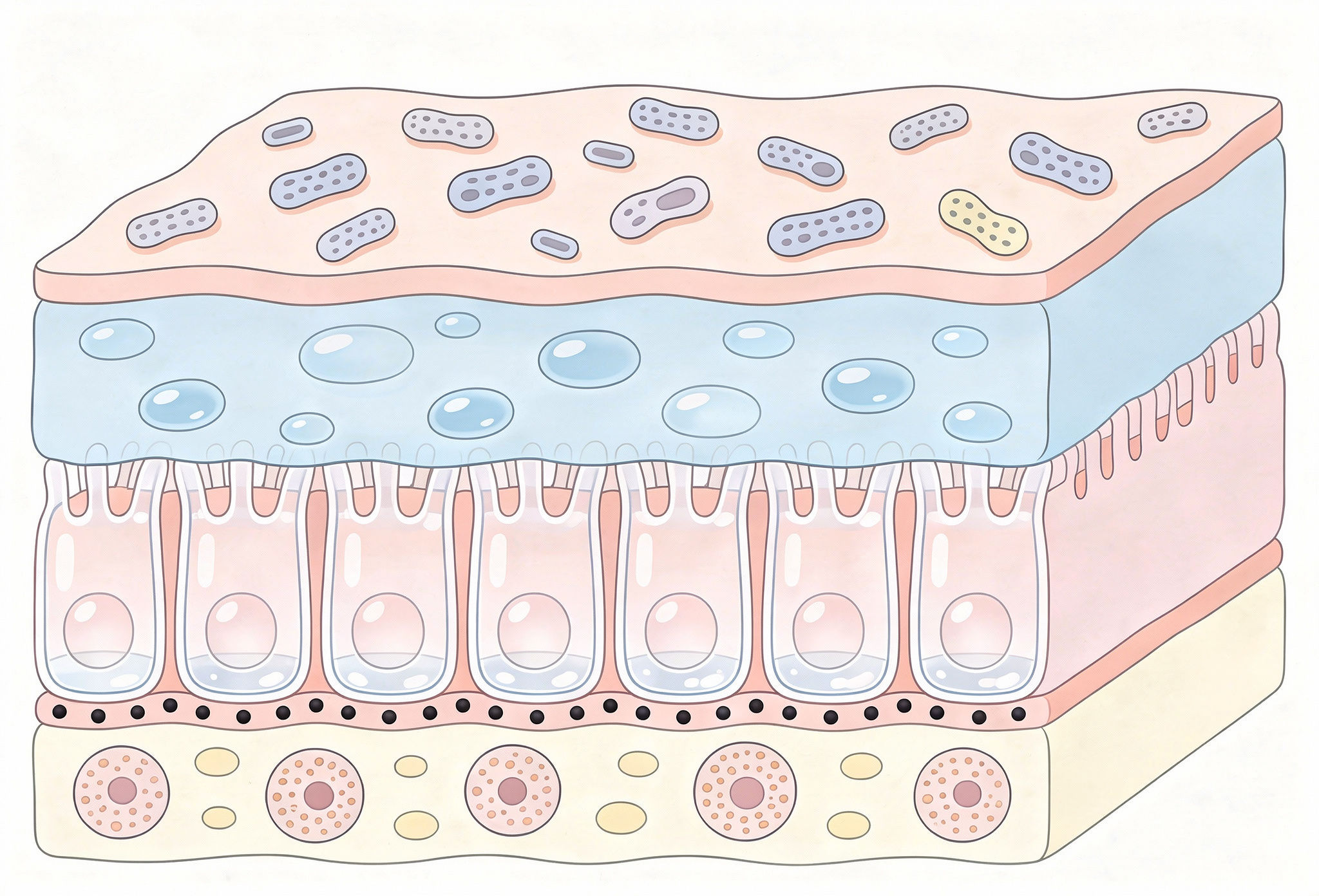 intestinal barrier layers showing microbiome mucus epithelial cells and tight junction structure.jpeg