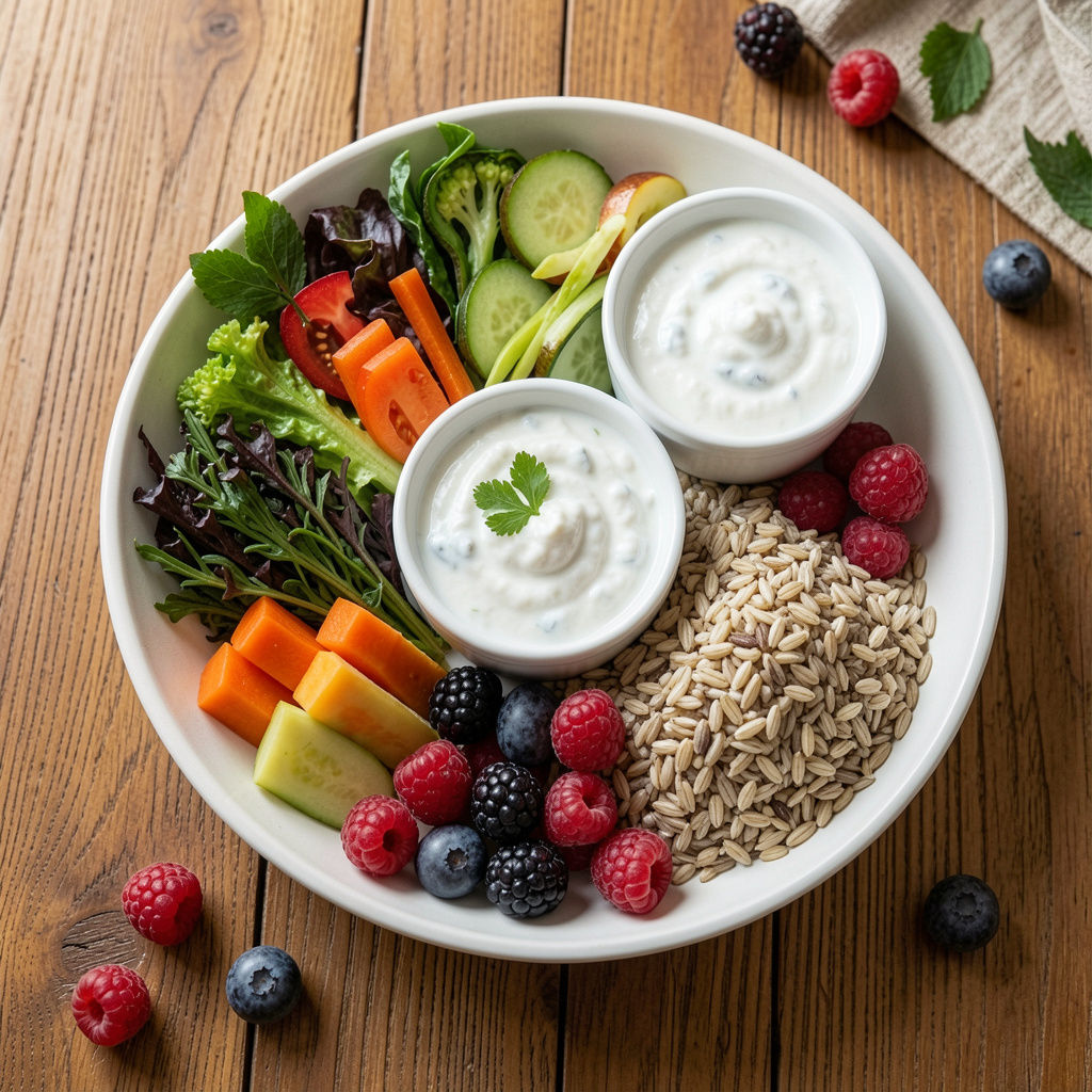 "Gut-friendly meal with fiber-rich vegetables, whole grains, fermented foods like curd, and polyphenol-rich foods like berries, supporting microbiome recovery."