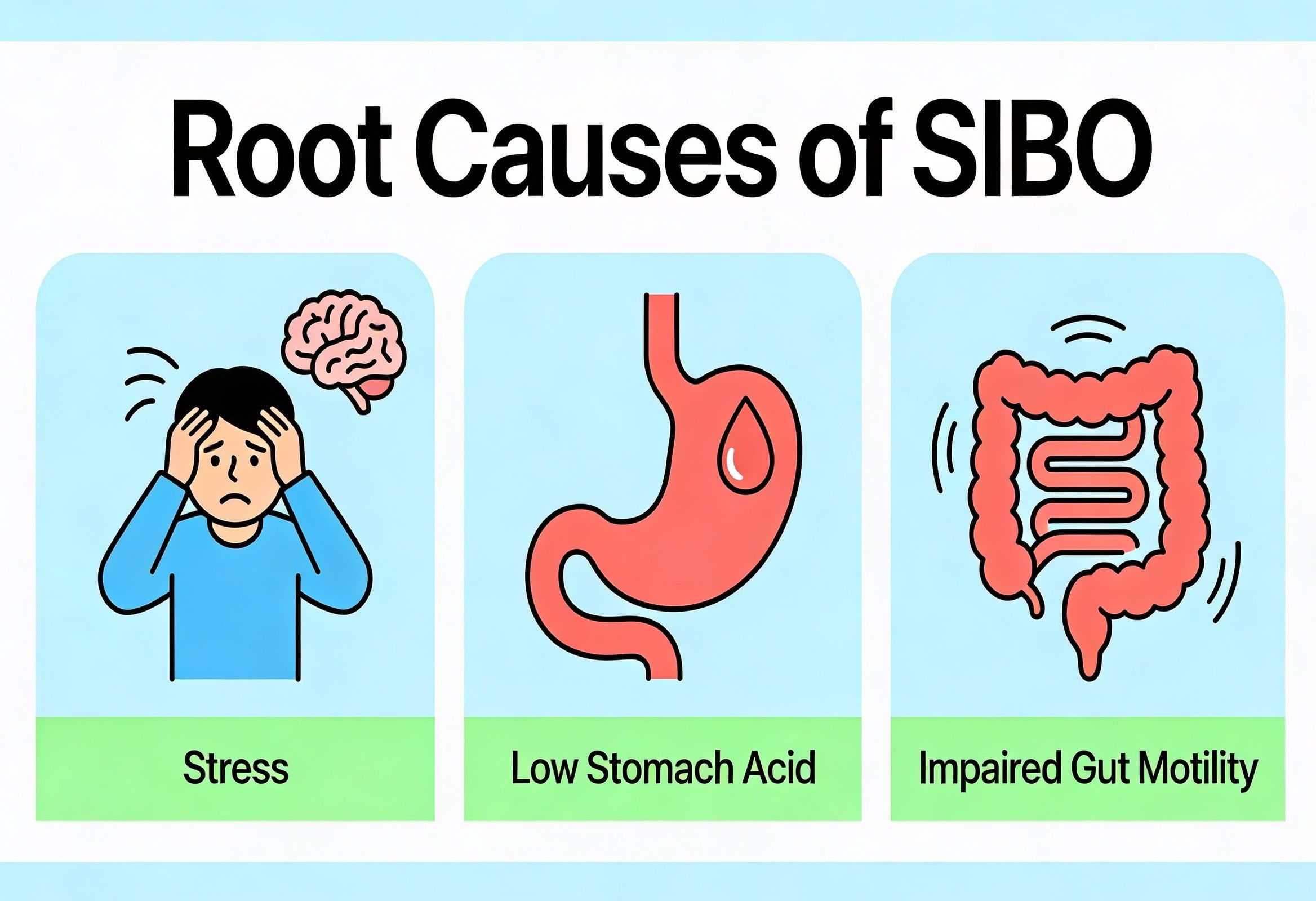root causes of SIBO including stress low stomach acid and impaired gut motility