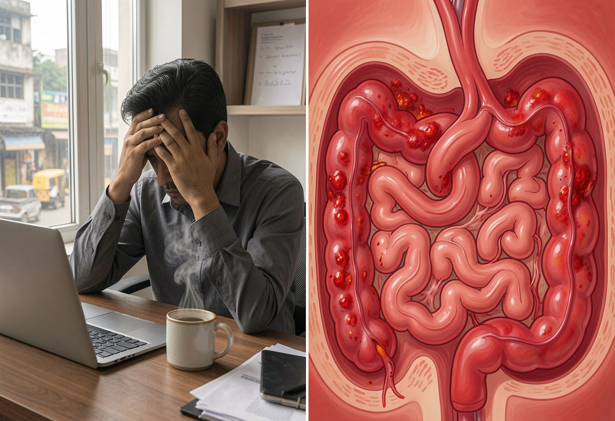 urban lifestyle factors causing IBS in men including stress caffeine sedentary work and poor diet