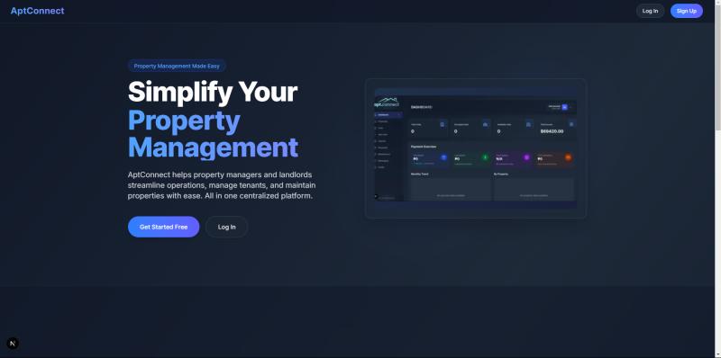 apt.connect landing page and property management platform overview