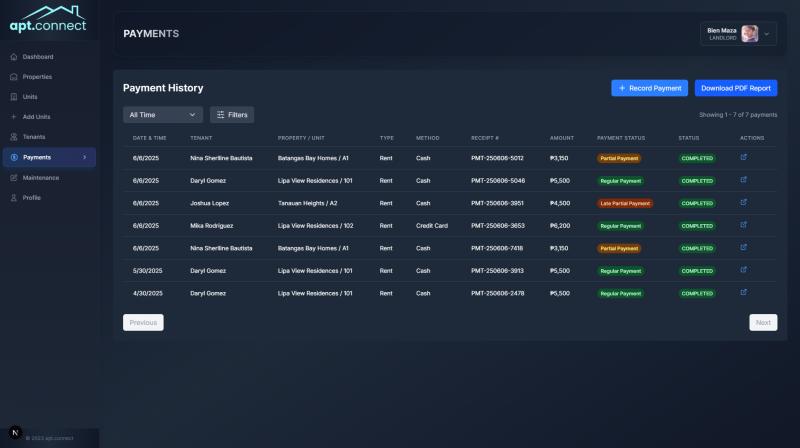 Landlord payment history table with transaction logs and export options