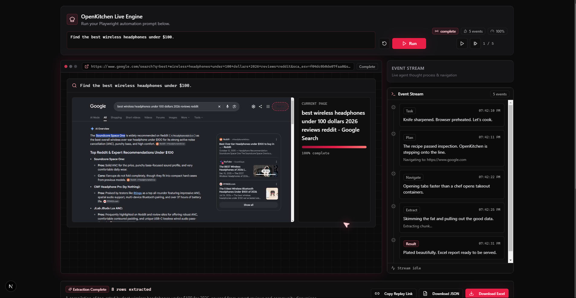 Chat interface and automation event stream dashboard