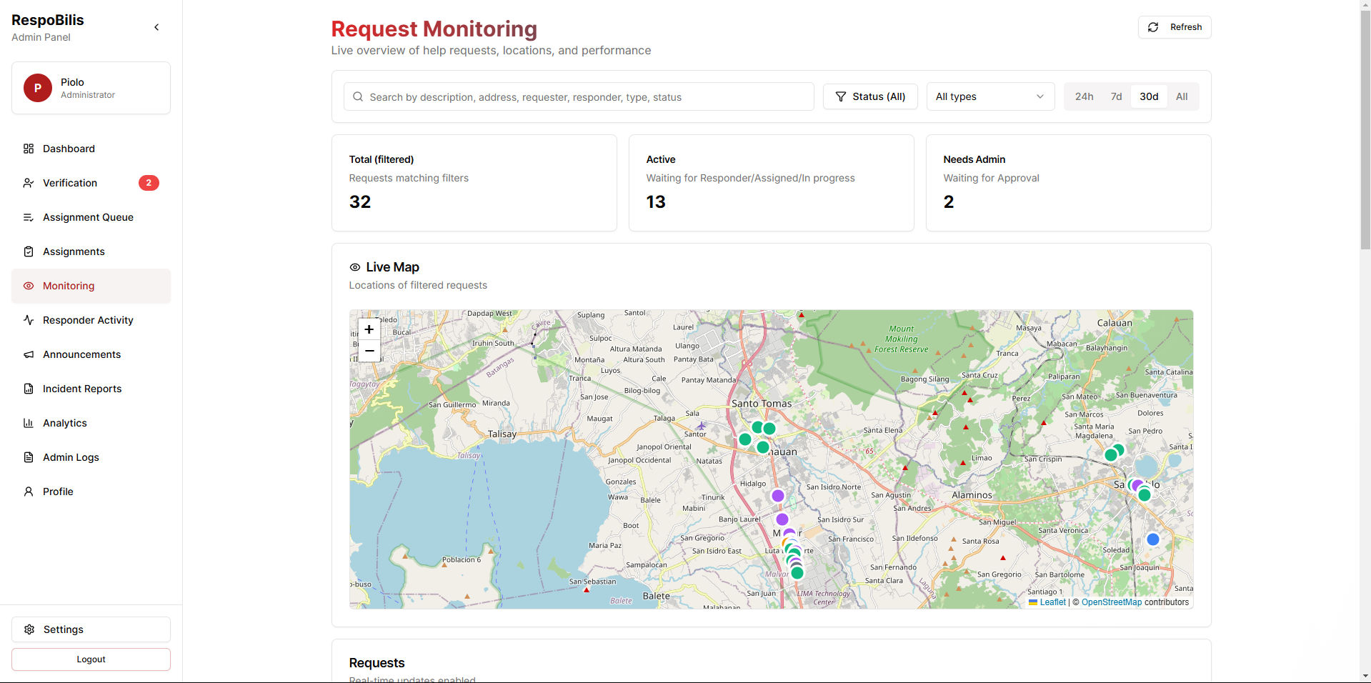 Real-time incident monitoring table filtered by status