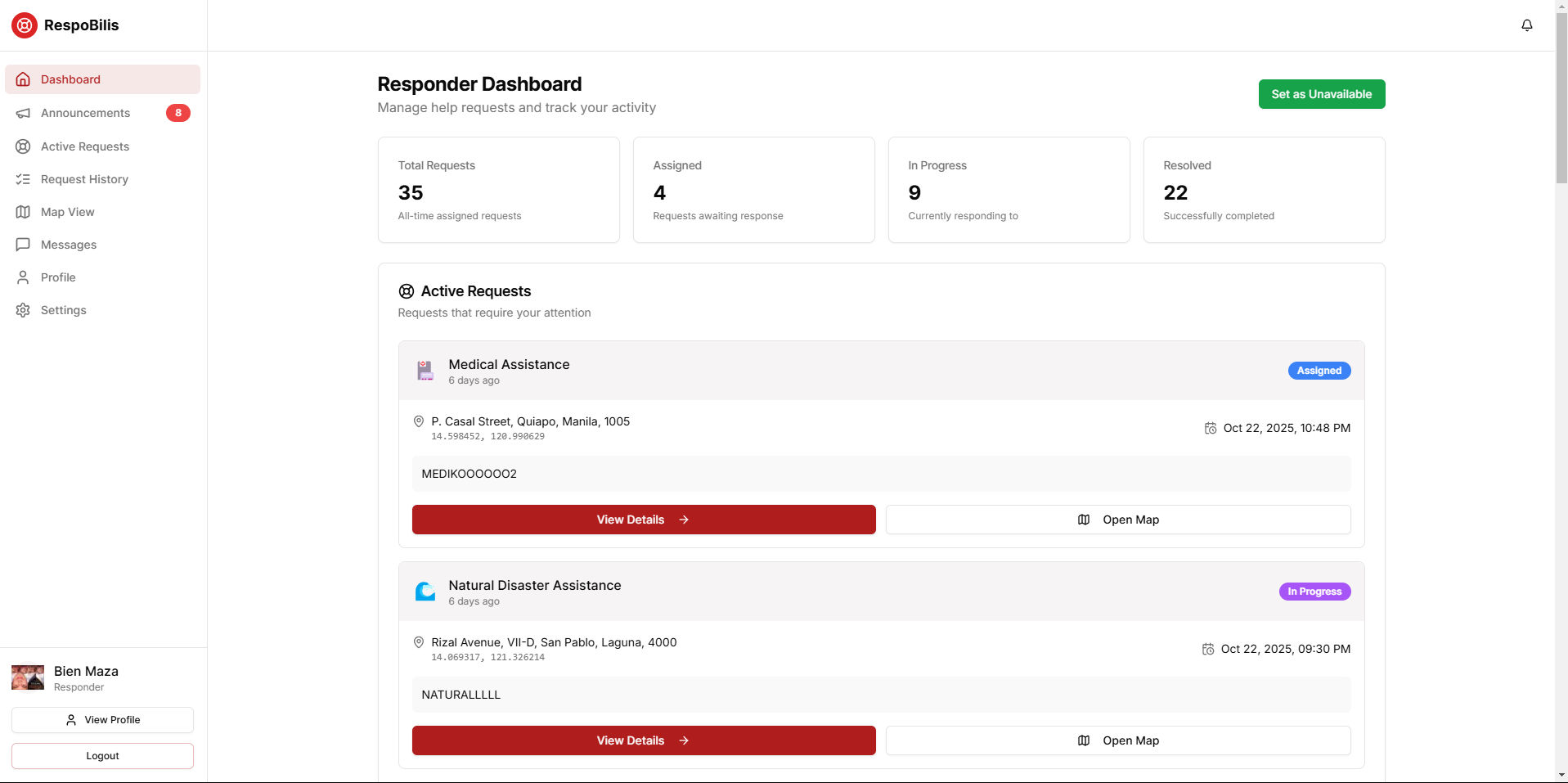 Field responder dashboard with dispatch queue and navigation