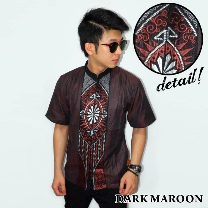  Baju  Koko  Pendek Bordir Vector Cahaya Dark Maroon 