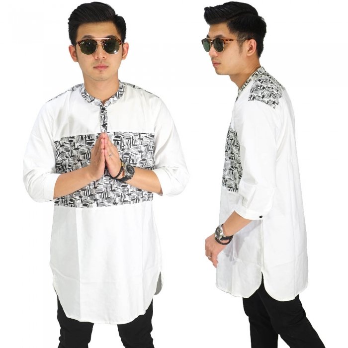  Baju Muslim Kurta  Gamis 3 4 Kombinasi Motif Putih Baju  Mus