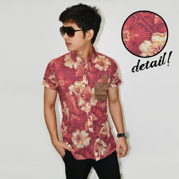  Kemeja  Short Hawaii Flower  Red