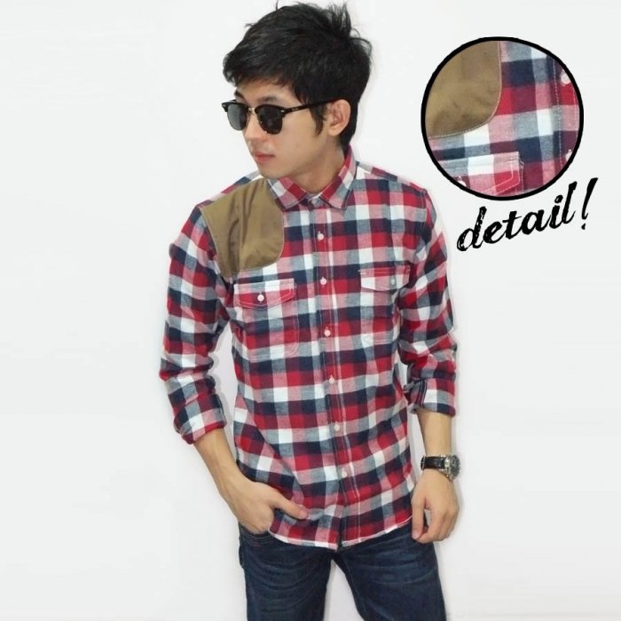 Kemeja Flanel Square Suede Patch Red