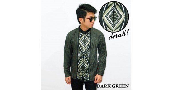 Kemeja Pria : Baju Koko Panjang Bordir Ketupat Vector Dark Green