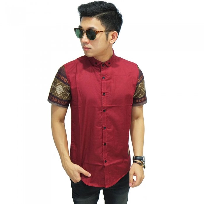  Kemeja  Pendek Kombinasi  Lengan Batik Songket  Maroon Kemeja 