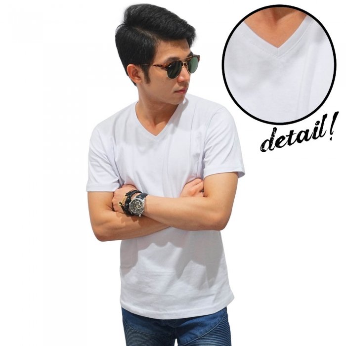 Atasan Pria Kaos  Pendek  Polos V Neck Putih 