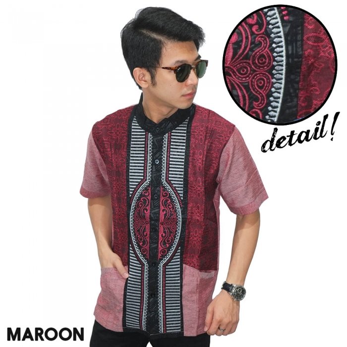  Baju  Koko  Pendek Modern Bordir Garis Maroon 