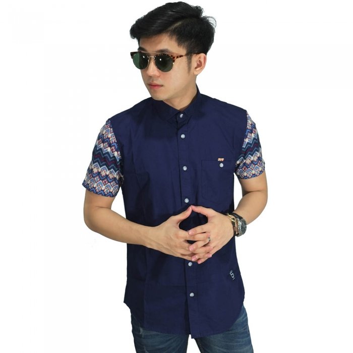  Kemeja  Pendek Sleeve Batik  Tenun Navy  Kemeja  Pria