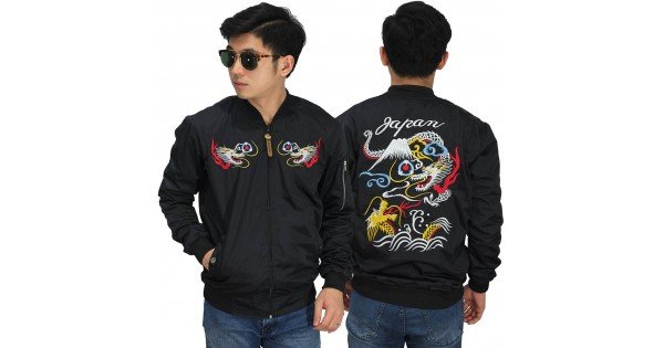  Jaket  Bomber  Sukajan Japan Dragon  Mountain Black