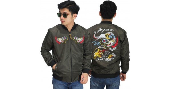 Luaran Pria Jaket  Bomber  Sukajan Japan Dragon  Mountain 