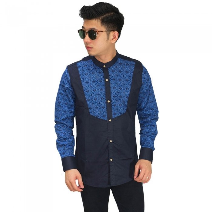  Kemeja  Grandad Combination Modern Batik  Navy  Kemeja  Pria