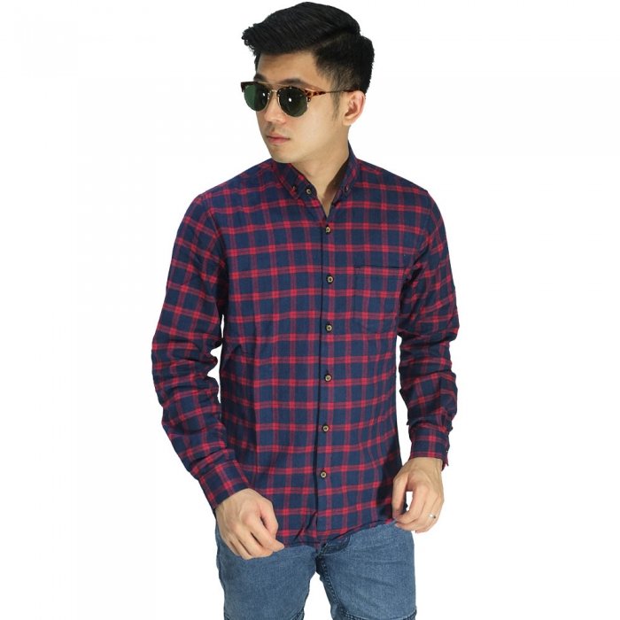  Kemeja  Flanel Modern Tartan Navy  Red Kemeja  Pria