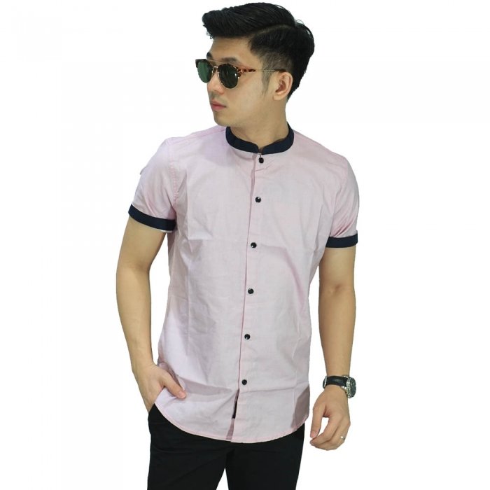  Kemeja  Pendek Grandad Casual Soft Pink  Kemeja  Pria 