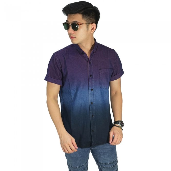  Kemeja  Pendek Denim Gradient 3 Colour Purple Kemeja  Pria 